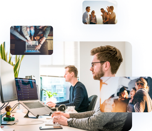 mehrere Personen an Computern, die chatten und sich unterhalten 